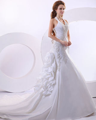 Sexy tief V Halter Hals Hochzeitskleider langes Schwanz Hochzeitskleid