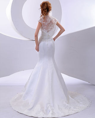 Elegante Meerjungfrau Spitzenblume Halter Hals Hochzeitskleider mit kurzem Ärmel